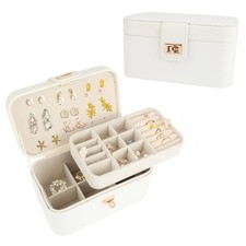 White Jewelry Box for Women Girls, Compact Faux Leather Travel Jewelry Organi...