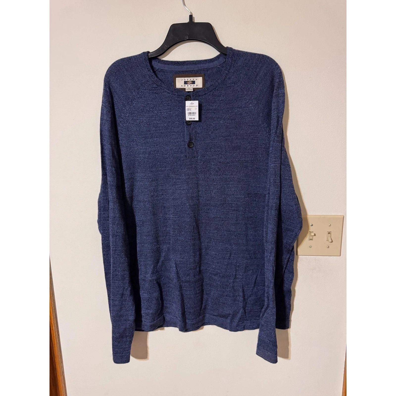 JOSEPH ABBOUD Mens XL Long Sleeve Textured Henley Sweater Blue Merino Wool Blend
