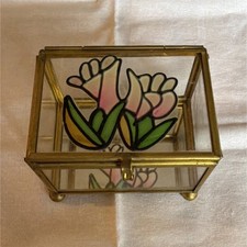 Glass Trinket Box Brass Frame Floral Stained Glass Design