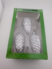 Holiday Time Pine Cone Glass Ornaments Silver Glitter Set of 3 Christmas Tree