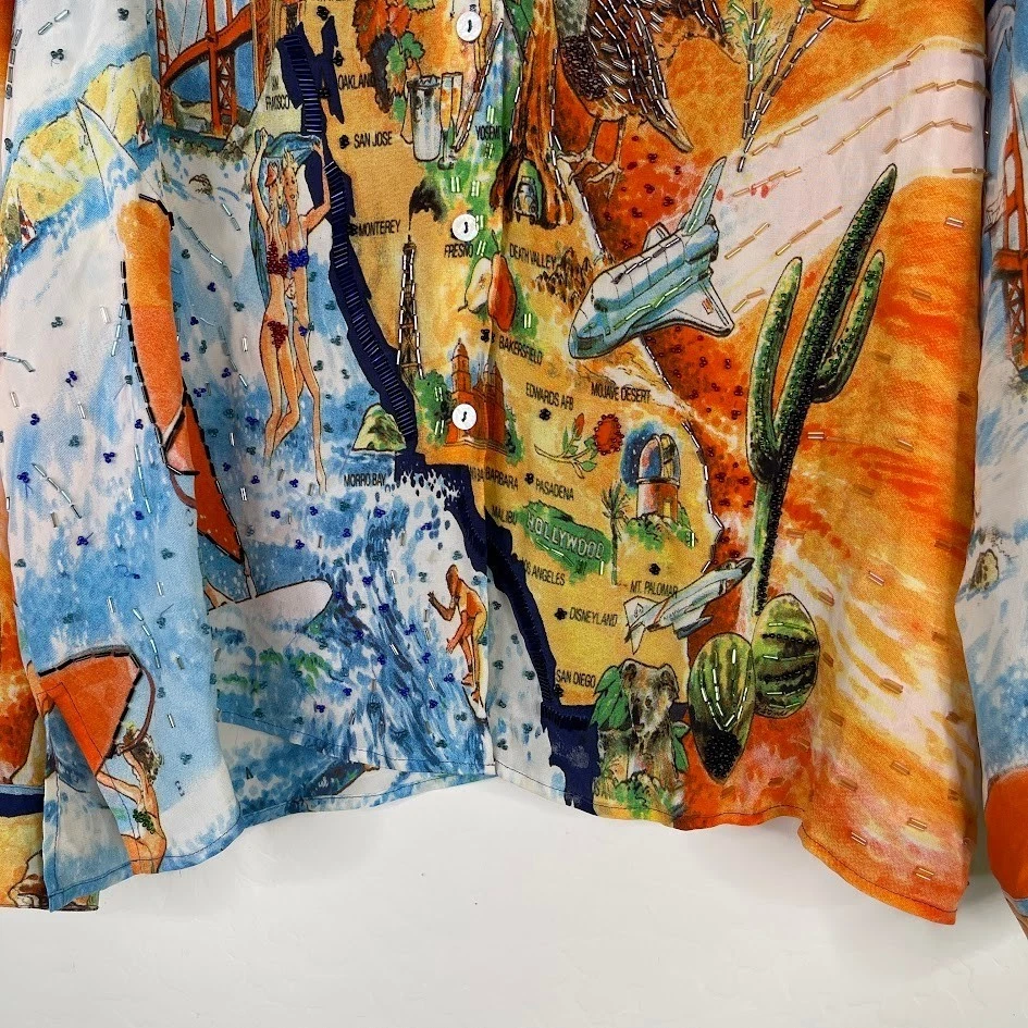 Blusa Top Nicole Taylor Vintage Seda Abotonada California Artística Con Cuentas Talla 1X Foto 3 de 4