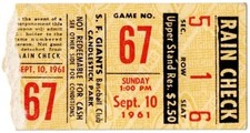 1961 SF GIANTS vs LOS ANGELES DODGERS ticket stub 9/10/61 WILLIE MAYS home run