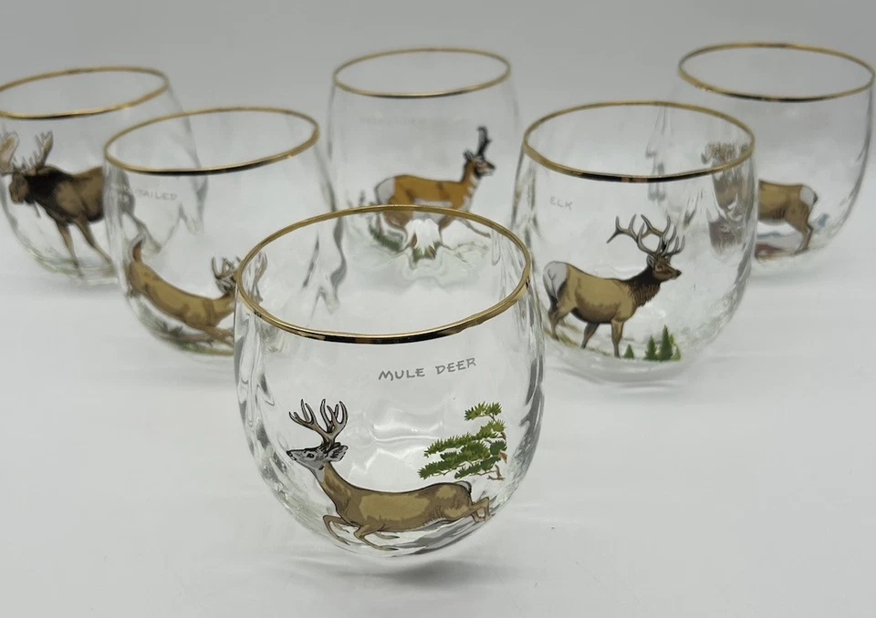 SET OF 6 Wild life BARWARE with gold rim Moose white tailed deer and more - Image 3 of 4