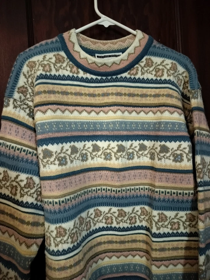  Vintage Sweater Jennifer Moore Acrylic Metallic Sweater Medium Blue Pink Gold - Image 2 of 4