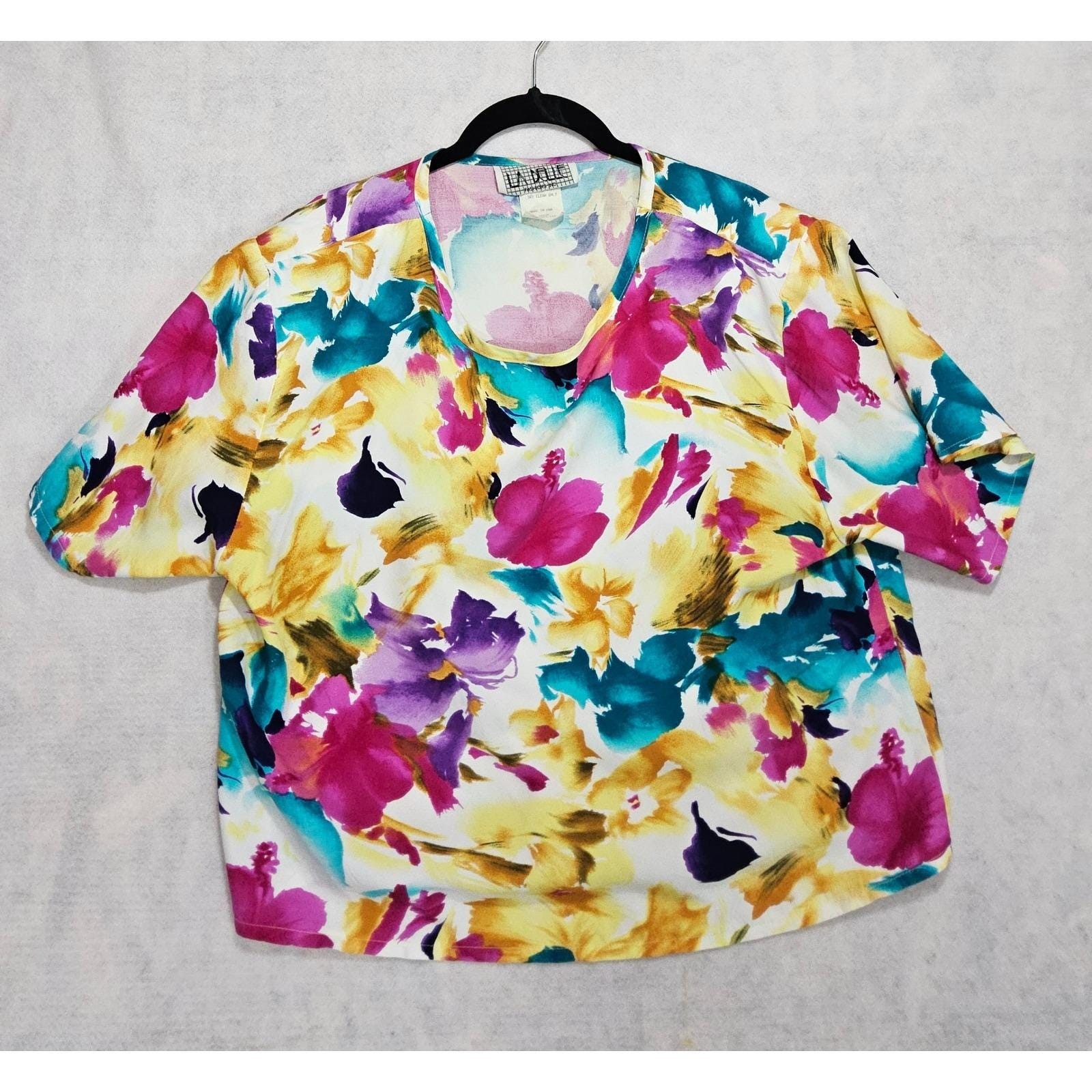 Vtg 80s Blouse Shell L Short Sleeve La Belle  Made in USA Floral Shoulder Pads