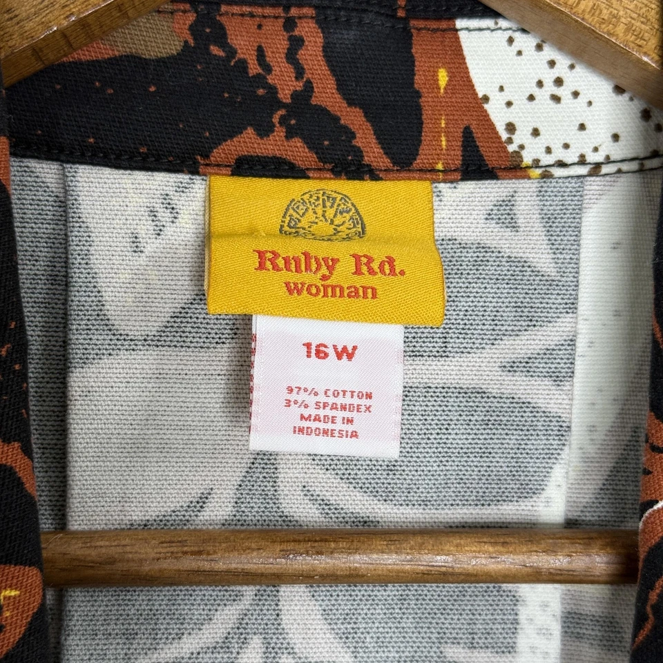 Ruby Rd Jacket Womens 16W Black Brown Yellow Leaf Autumn Button Front Coat Art - Image 3 of 4