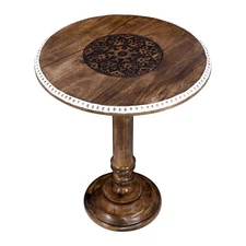 Hand-Carved Wooden Pillar Table - Rustic Accent Vintage Side End Table for Li...
