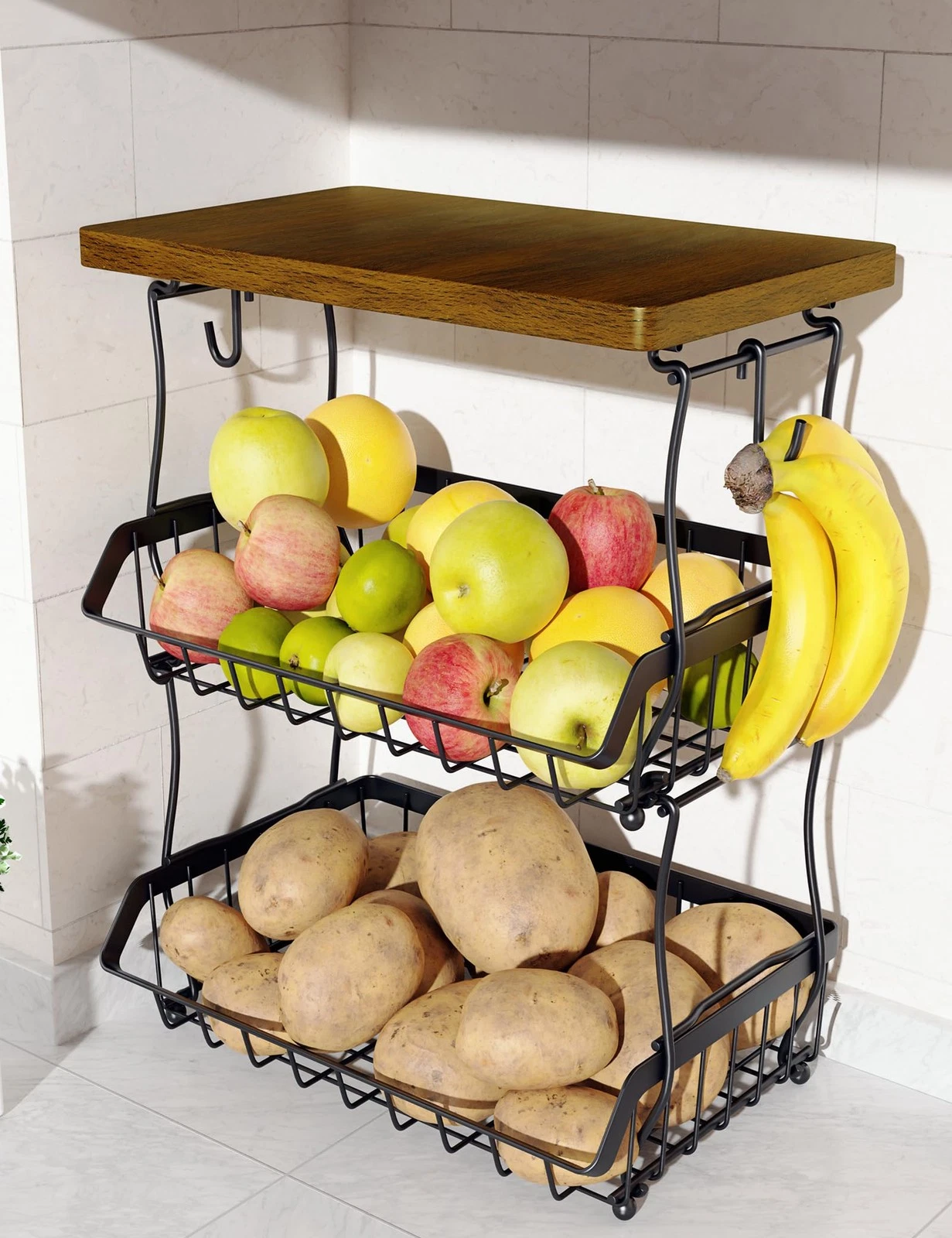 3-Tier Fruit Basket for Kitchen Counter with Banana Hangers, Countertop Organ...