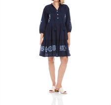 Karen Kane Blouson Sleeve Embroidered Lace Trim Tiered Dress Navy