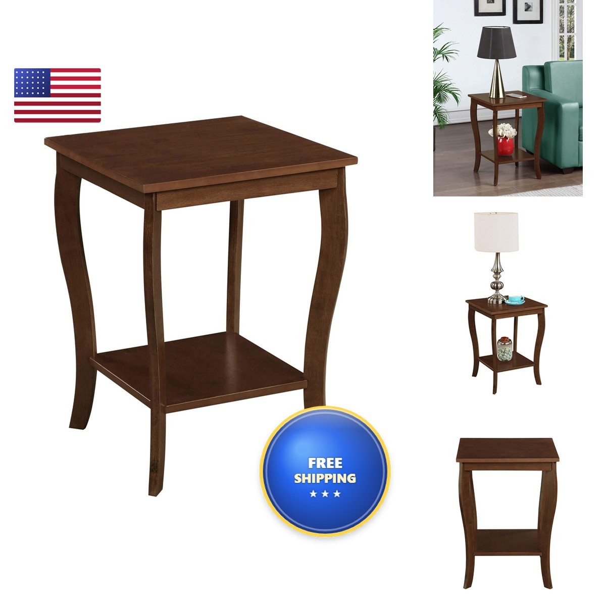 Convenience Concepts American Heritage Square End Table Shelf, Espresso