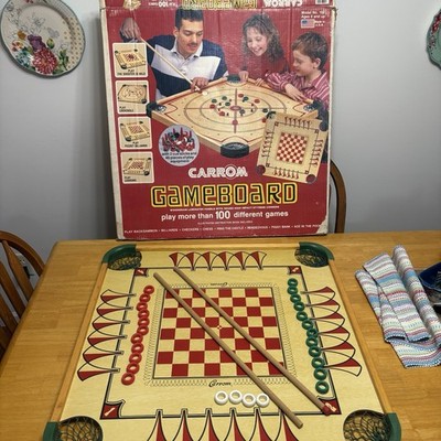 Vintage Carrom Merdel Wood Game Board 28'' Model 100 w Pieces & Cues Incomplete