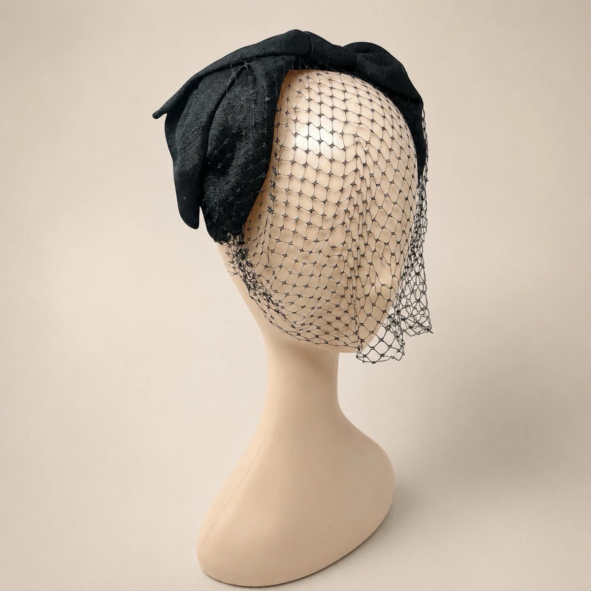 Vintage 50s Black Beehive Turban Hat Birdcage  Woven Tiered Mid Century Modern Vintage 1950s Black Satin Rosette Turban Hat | Sculpted  main image 4