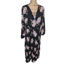 Black Floral Print Long Sleeve Pleated Midi Dress Party Cocktail Occasion 3X New