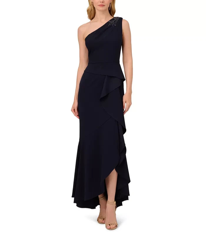 adrianna papell one shoulder beaded dress Amazon.com: Adrianna Papell Women's One Shoulder Beaded Gown, Dusty Navy : Clothing, Shoes & Jewelry