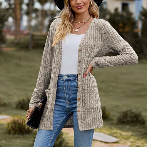 Damen Strickjacke Langarm vorne offen drapiert Pullover Knopfleiste Basic Cardigan - Bild 6 von 32