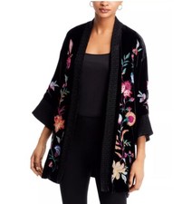 398 JOHNNY WAS SZ L SANDRA EMBROIDERED VELVET WIDE CUFF KIMONO BLACK NWT