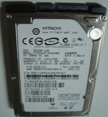 120GB 2.5'' SATA II HTS542512K9A300 Hitachi 9.5mm 5400RPM Hard Drive Tested Good