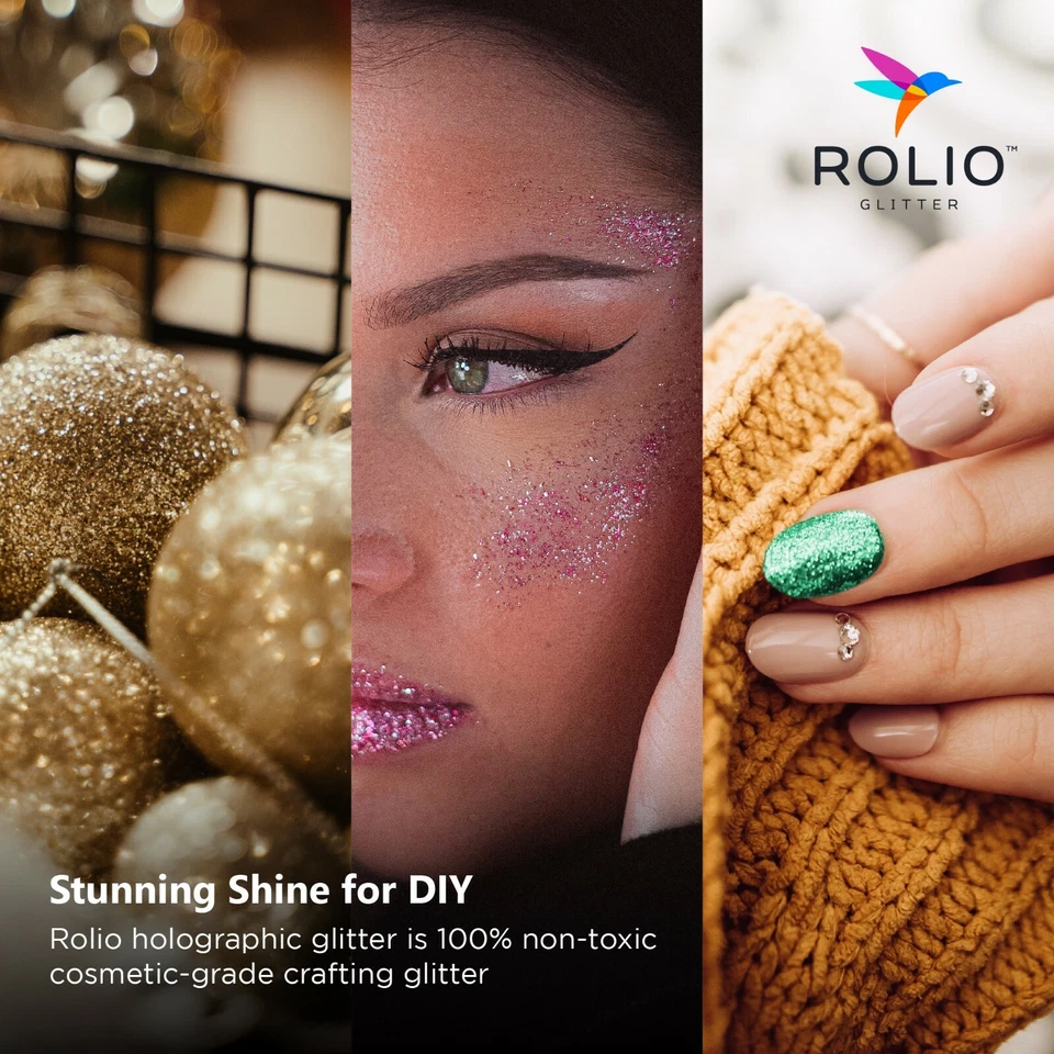 Brillos artesanales holográficos vibrantes ROLIO - 12 frascos 180 gramos de resina, maquillaje Foto 3 de 4