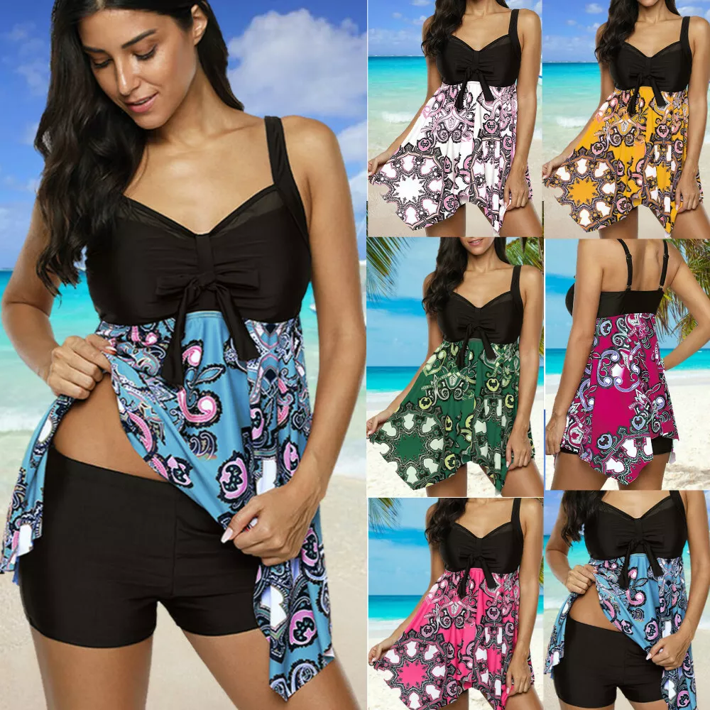 Womens Floral Tummy Control Tankini + Boy Shorts Beach Swimming Costume  Swimsuit