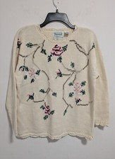 Vintage Shenanigans Ivory Embroided Floral Sweater MEDIUM cottagecore Crochet