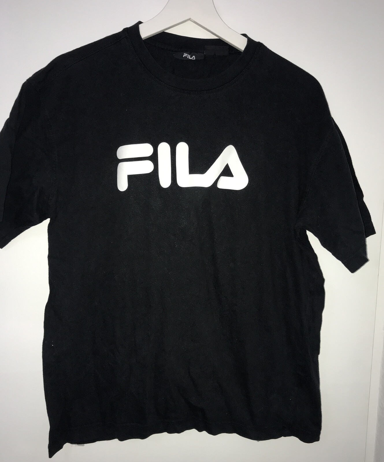 Fila shirt t shirt tè spellout grande logo petto vintage anni '90 nero