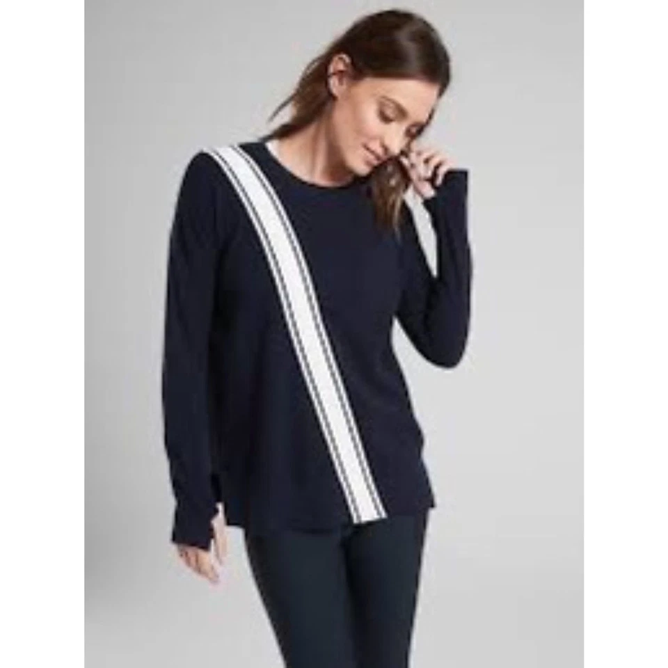 Athleta Streetwise Sweater Navy Blue White Stripe Medium Cotton Pullover  - Image 4 of 4