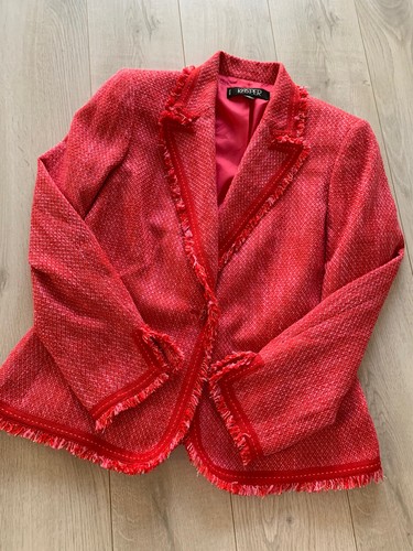 Kasper Pink Tweed Red Trim Fringes Jacket Sz 10P - Picture 7 of 10