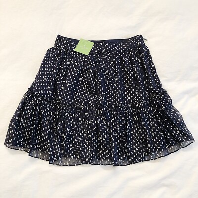 Kate Spade Women Night Sky Lurex Dot Stars Navy Silver Ruffles Silk Skirt Size 0