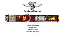Buckle Down L XL Seatbelt Dog Collar Iron Man Marvel Comics 1.5" x 18"-32" Neck