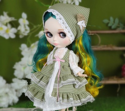 Blythe Doll with Plaid Maid Dress Headdress BJD Toy Green Yellow Hair Matte Face