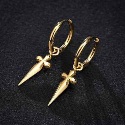 Men's Gold Plated Solid Sterling Silver Dagger Dangle Drop Cross Hoop Earrings 