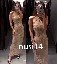 ZARA NEW WOMAN SPARKLY MESH HALTER MIDI DRESS CHAMPAGNE XS-XXL 4772/264/713