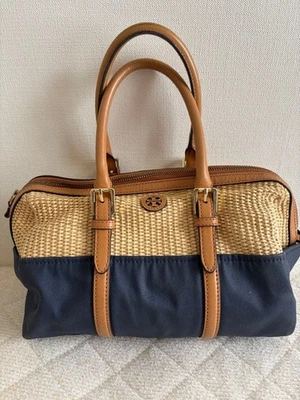 TORY BURCH Sac À Main En Toile Marine En Paille Logo - Photo 1/4