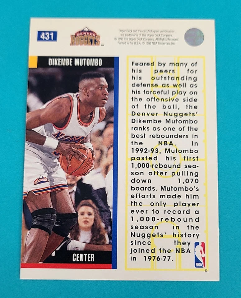 1993-94 Upper Deck #431 Dikembe Mutombo Denver Nuggets BASKETBALL Card W8 - Image 2 of 2