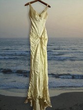 Gold Sequin Satin Long Formal Gown Cold Shoulder V-Neck Size 4 100% Silk