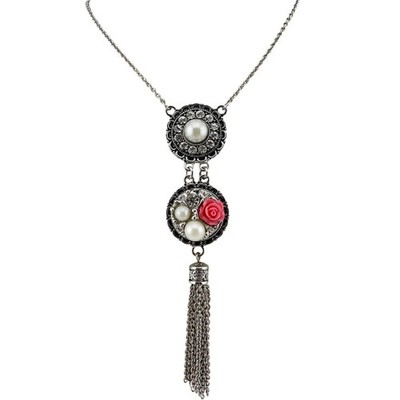 Gingersnaps Victorian Style Faux Pearls Tassel Silver Tone 34  Necklace