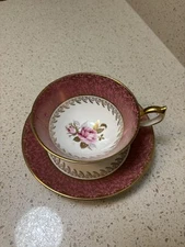 Aynsley Pink & GOLD LEAF & FLORAL Footed Cup & Saucer Set ~ England