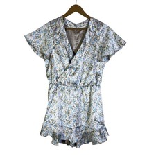 Show Me Your Mumu Floral Print Wrap Romper Ruffle Hem Short Sleeve V Neck Size M