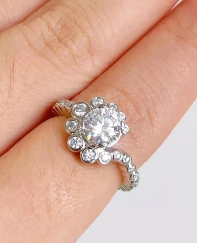 2.00 Ct Round Cut Real Moissanite 14K White Gold Plated Cluster Engagement Ring