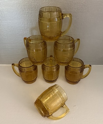 #ad Vintage Amber Glass Barrel Beer Mug Shot Glass Set of 7 2.5”H X 1.5”W $26.79