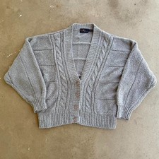 VINTAGE 1980s LEROY KNITWEAR GREY BUTTON CABLE KNIT CARDIGAN SWEATER XL