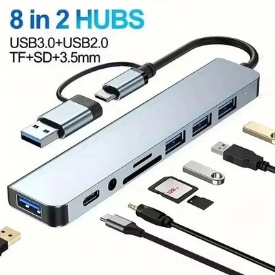 8-in-2 USB + Type-C Hub Docking Station with 3.5mm Audio Jack Adapter, Micro SD