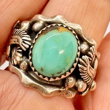 Navajo Eagle Turquoise Men's Ring Size 10 Sterling  Silver Signed RB 10.5g