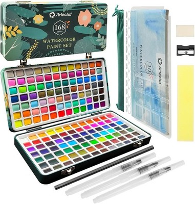 Artecho Aquarellfarben Set (168 Farben) in Tragbarer Box, Mit Pinsel und Papier