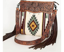Tooled Leather Crossbody Bag Western Boho Fringe Purse Navajo Women Shoulder