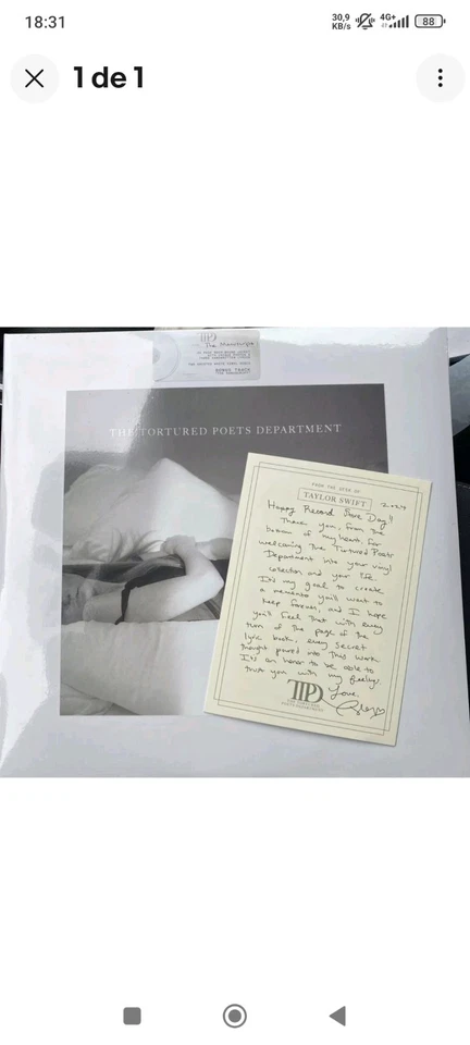 Taylor Swift - The Tortured Poets Department White Vinyl w/ RSD Note Letter Card - Imagen 1 de 1