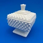 Vintage Milk Glass Hobnail Covered Candy Dish Footed Trinket Box Square w Lid