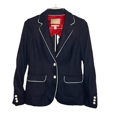 Banana Republic Piped Wool Blend Blazer Womens Size 4 Navy Blue Rib Knit Jacket