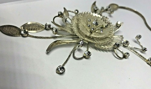 Vintage Silver Metal Floral Crystal Filigree Necklace/Pendant 1980' - Picture 3 of 4