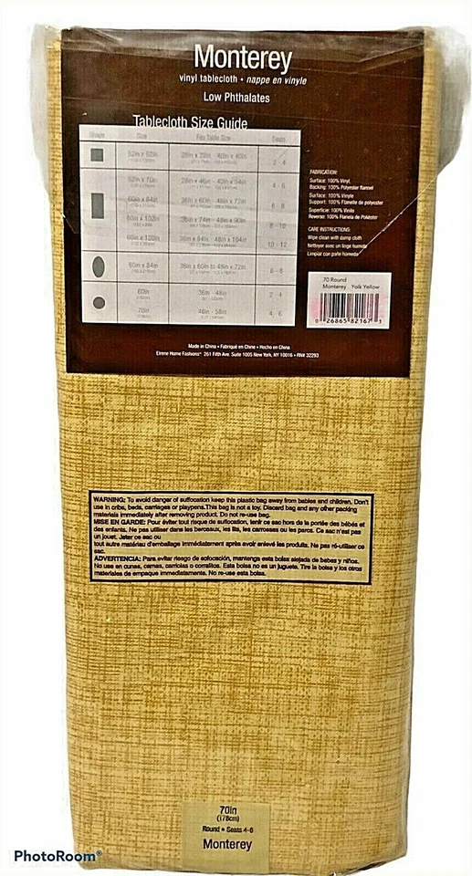 Monterey Vinyl Tablecloth 70" Round Yellow New - Image 2 of 4